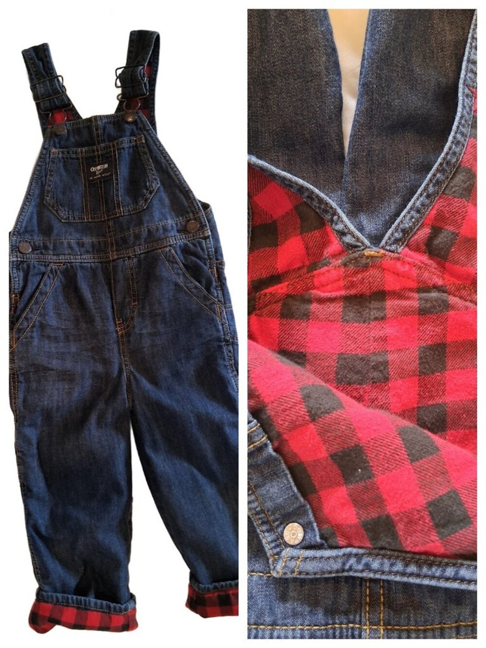 OshKosh Boy's Buffalo Check Flannel Lined Denim Overalls Kids Toddler Size 3T